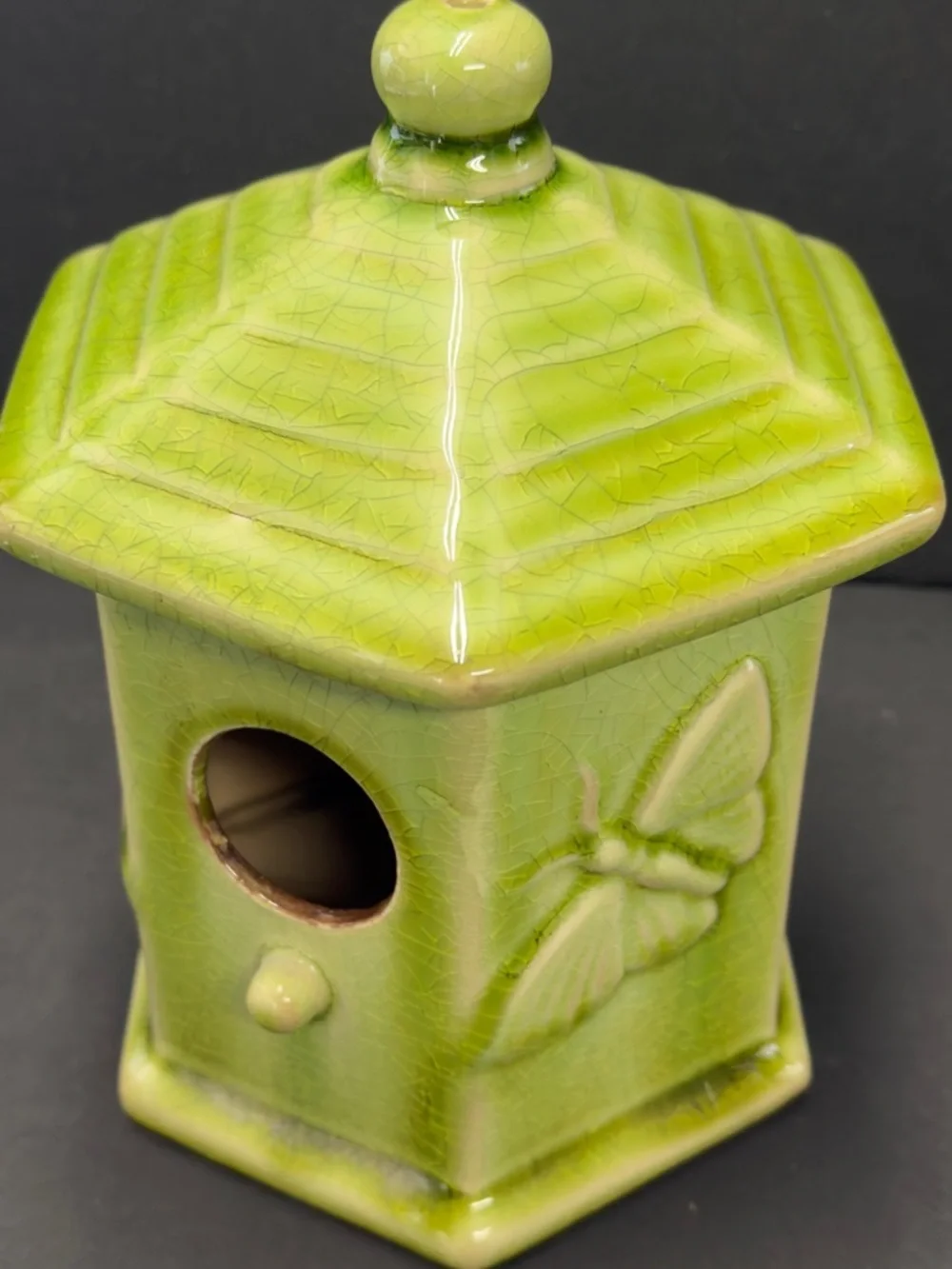 Vintage Decorative Ceramic Green Hexagon Birdhouse Accent